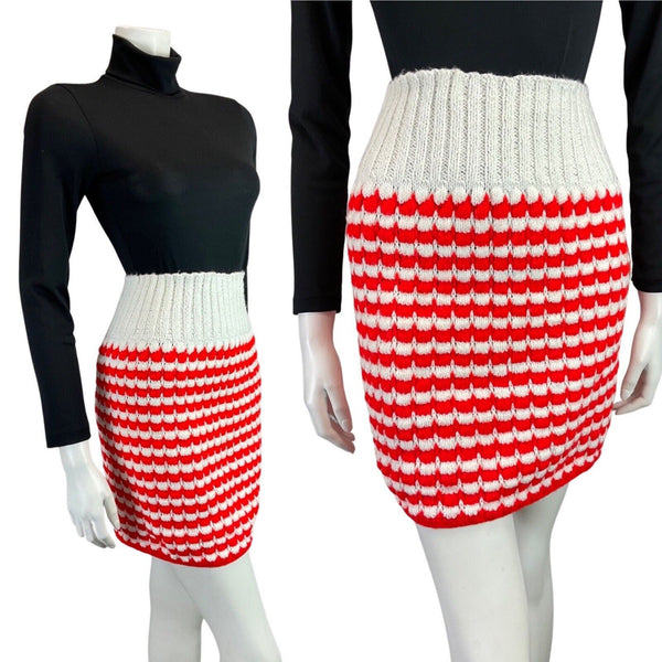 VINTAGE 60s RED WHITE STRIPED KNITTED MOD KITSCH BODYCON SKIRT 8 10