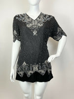 VTG 70s 80s BLACK SILVER SQUIGGLE FLORAL BROCADE PARTY SEQUIN BLOUSE TOP 24 26