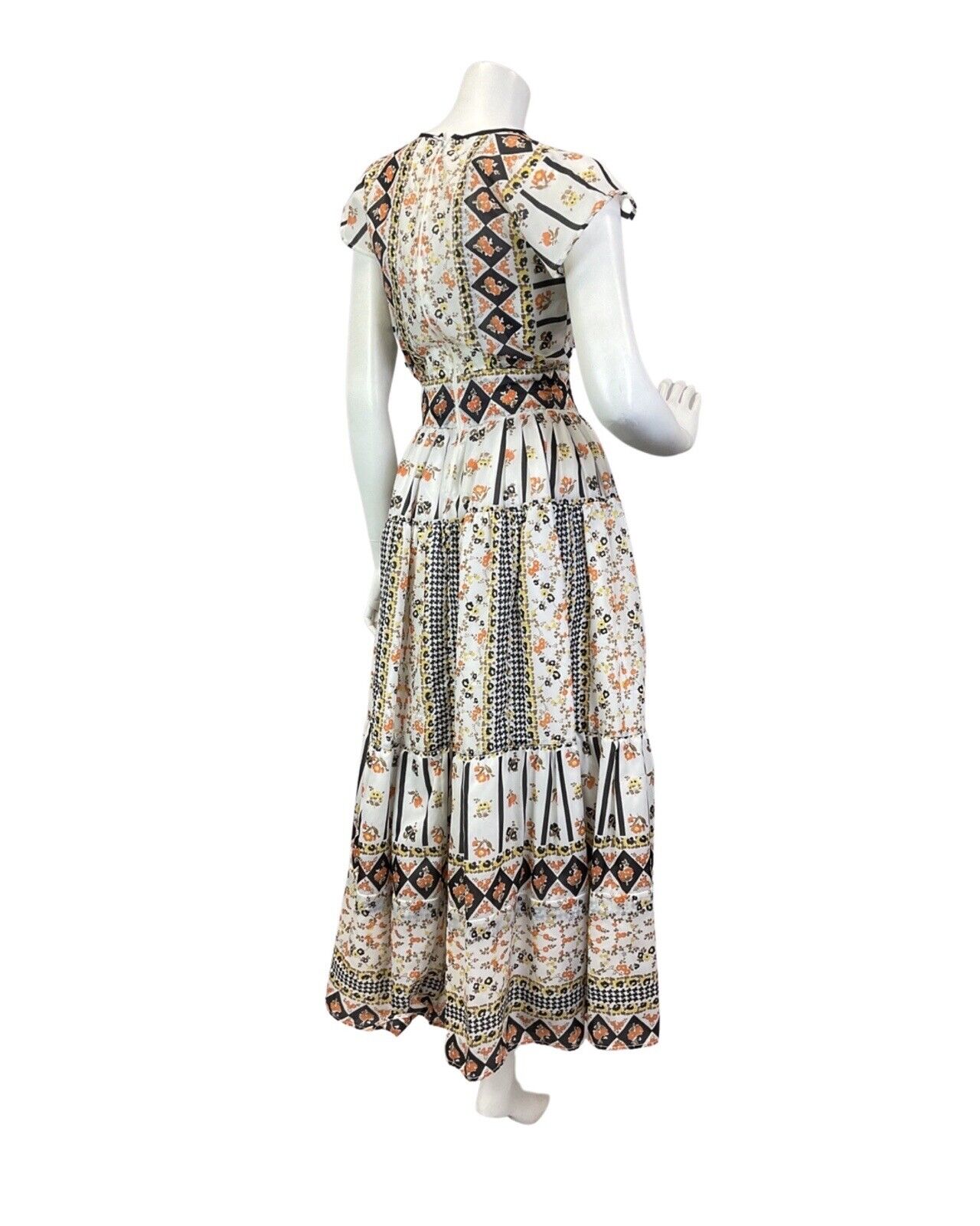 VTG 60s 70s WHITE BLACK ORANGE GEOMETRIC FLORAL BOHO FOLK MAXI DRESS 6