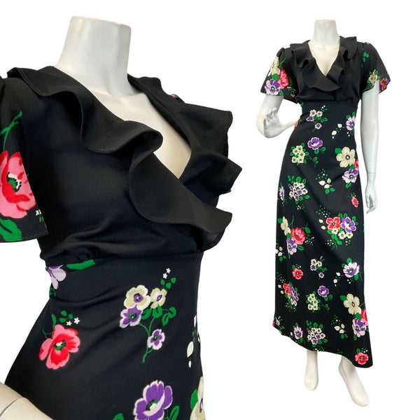 VINTAGE 60s 70s BLACK WHITE PURPLE RED FLORAL RUFFLED MOD MAXI DRESS 14 16