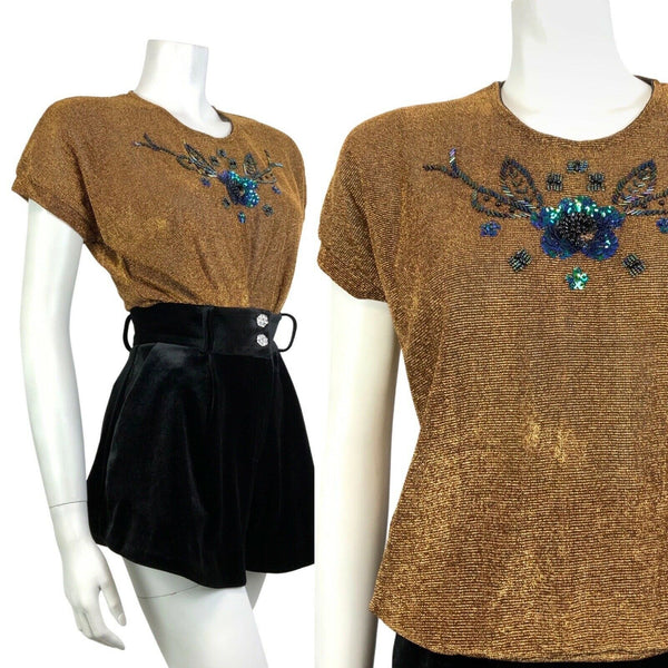 VTG 60s 70s GOLD BLUE GREEN LUREX FLORAL SEQUIN BEADED DISCO PARTY TOP 16 18