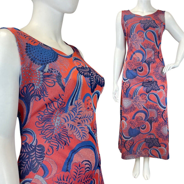 VTG 60s 70s RED BLUE SILVER PSYCHEDELIC FLORAL LUREX MOD DISCO MAXI DRESS 16 18