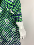 VINTAGE 60s 70s GREEN BLUE WHITE POLKA-DOT FLORAL DAISY DAGGER SHIRT DRESS 16 18