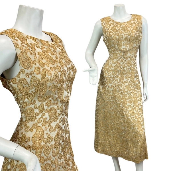 VTG 60s 70s GOLD BRONZE PAISLEY PRINT EMBROIDERED BOHO PARTY  MAXI DRESS 10 12