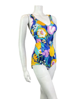 VINTAGE 60s 70s BLUE PINK YELLOW FLORAL PSYCHEDELIC SWIMSUIT BODYSUIT 14