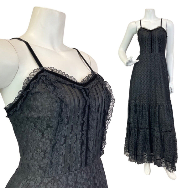 VINTAGE 70s 80s BLACK DAISY FLOWER LACE STRAPPY SUMMER COVEN BOHO MAXI DRESS 6