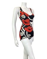 VINTAGE 60s 70s BLACK WHITE RED FLORAL DAISY POPPY MOD LOW-RISE SWIMSUIT 10 12