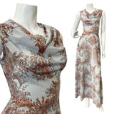 VINTAGE 70s SILVER RED BROWN FLORAL STUDIO 54 GLAM DISCO LUREX GOWN MAXI DRESS 6