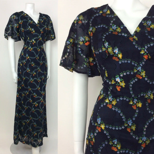 VINTAGE 60s 70s BLUE FLORAL DITSY ORANGE YELLOW GREEN SHEER MAXI DRESS 10 12