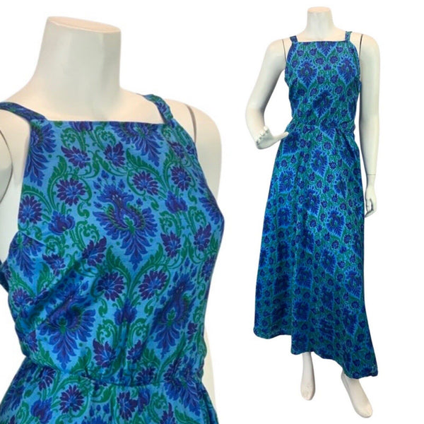 VINTAGE 60S 70S BLUE GREEN PSYCHEDELIC FLORAL SUMMER STRAPPY MAXI DRESS 8 10