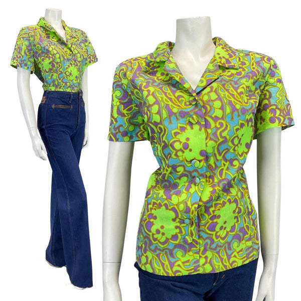 VINTAGE 60s 70s LIME GREEN PURPLE BLUE PSYCHEDELIC FLORAL MOD BLOUSE TOP 16 18
