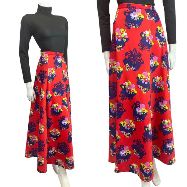 VINTAGE 60s 70s RED BLUE GREEN FLORAL ABSTRACT MOD MAXI SKIRT 10 12