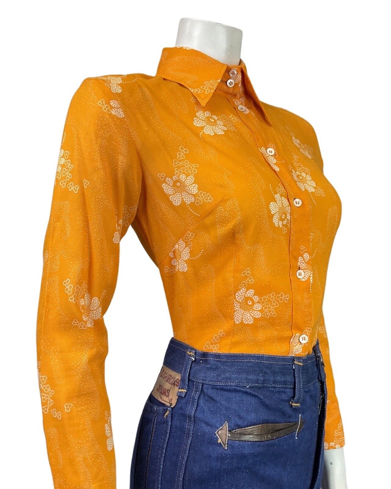 VINTAGE 60s 70s BRIGHT ORANGE WHITE FLORAL DOTTY MOD DAGGER COLLAR SHIRT 8 10