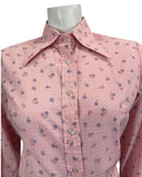 VINTAGE 60s 70s PINK BLUE RED FLORAL DAISY PRINT DAGGAR COLLAR SHIRT 12