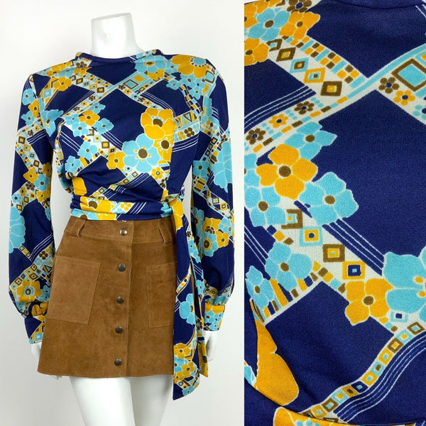 VTG 60s 70s BLUE YELLOW WHITE GLITTER GEOMETRIC FLORAL PSYCH BLOUSE 10 12 14