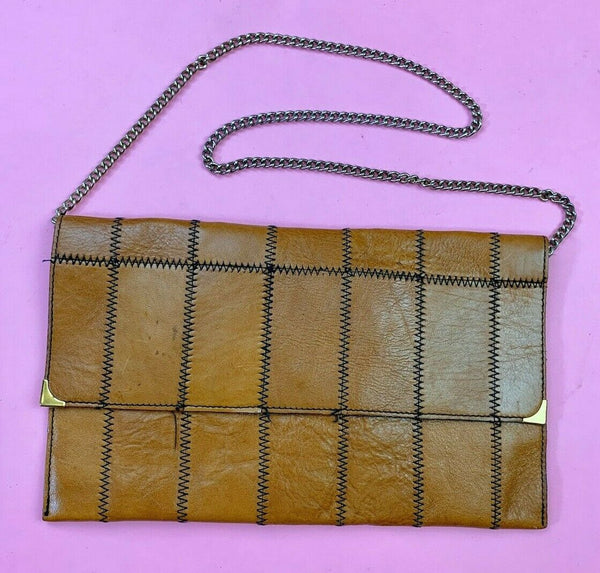 VINTAGE 60s 70s TOFFEE BROWN BLACK PATCHWORK ZIG-ZAG CHAINED BOHO CLUTCH BAG