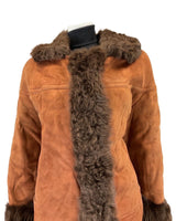VINTAGE 60s 70s RUSSET BROWN BOHO SUEDE LEATHER SWING SHEARLING COAT 16