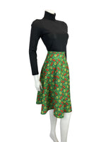 VINTAGE 60s 70s GREEN RED YELLOW CHERRY FLOWER PRINT A-LINE MOD SKIRT