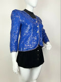 VINTAGE 70s 80s BRIGHT BLUE GOLD DISCO PARTY GLAM SEQUIN TROPHY JACKET 16 18