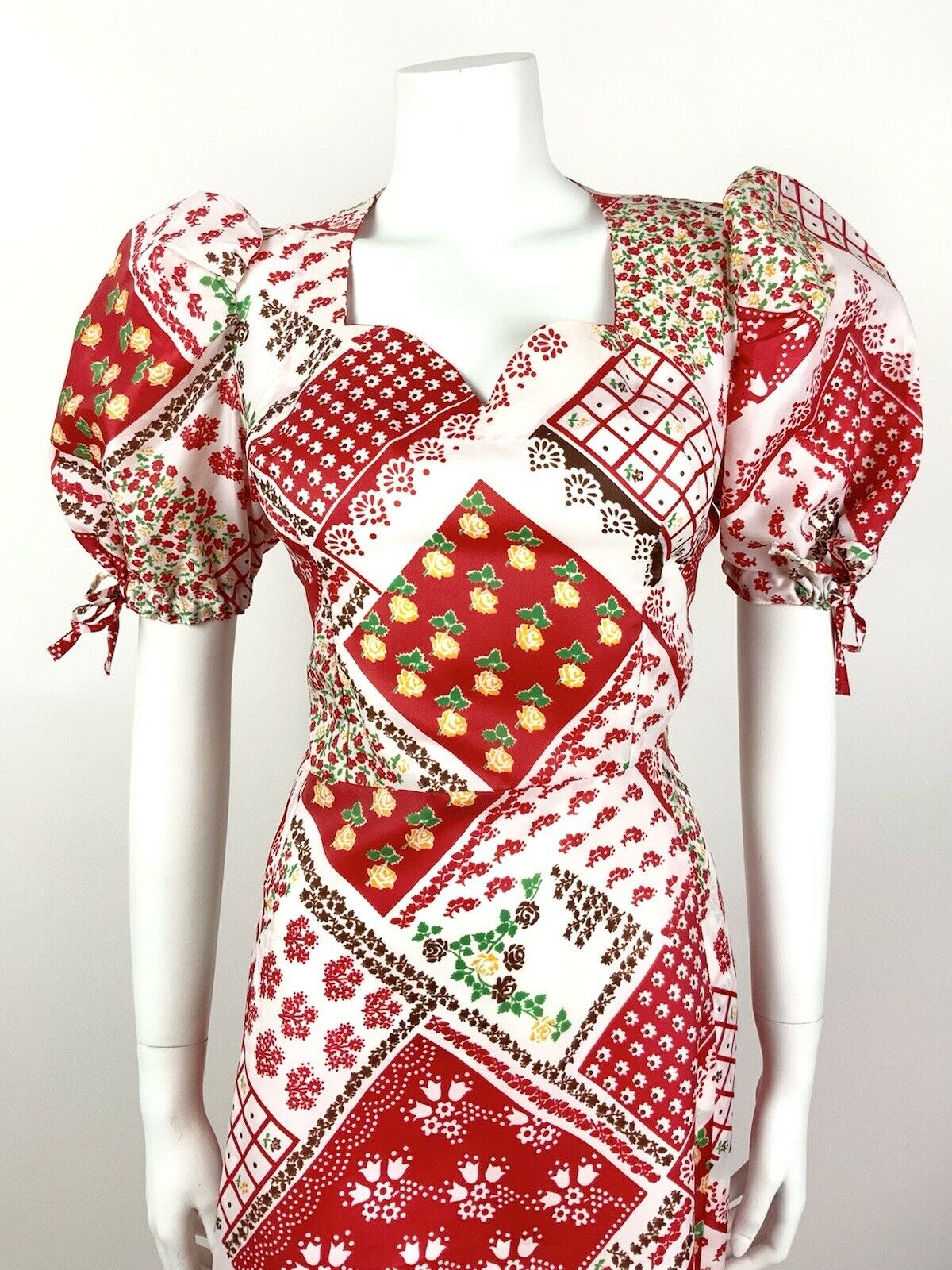 VTG 60s 70s RED WHITE GREEN FLORAL GYPSY PATCHWORK FOLK PUFF SLEEVE DRESS 12 14