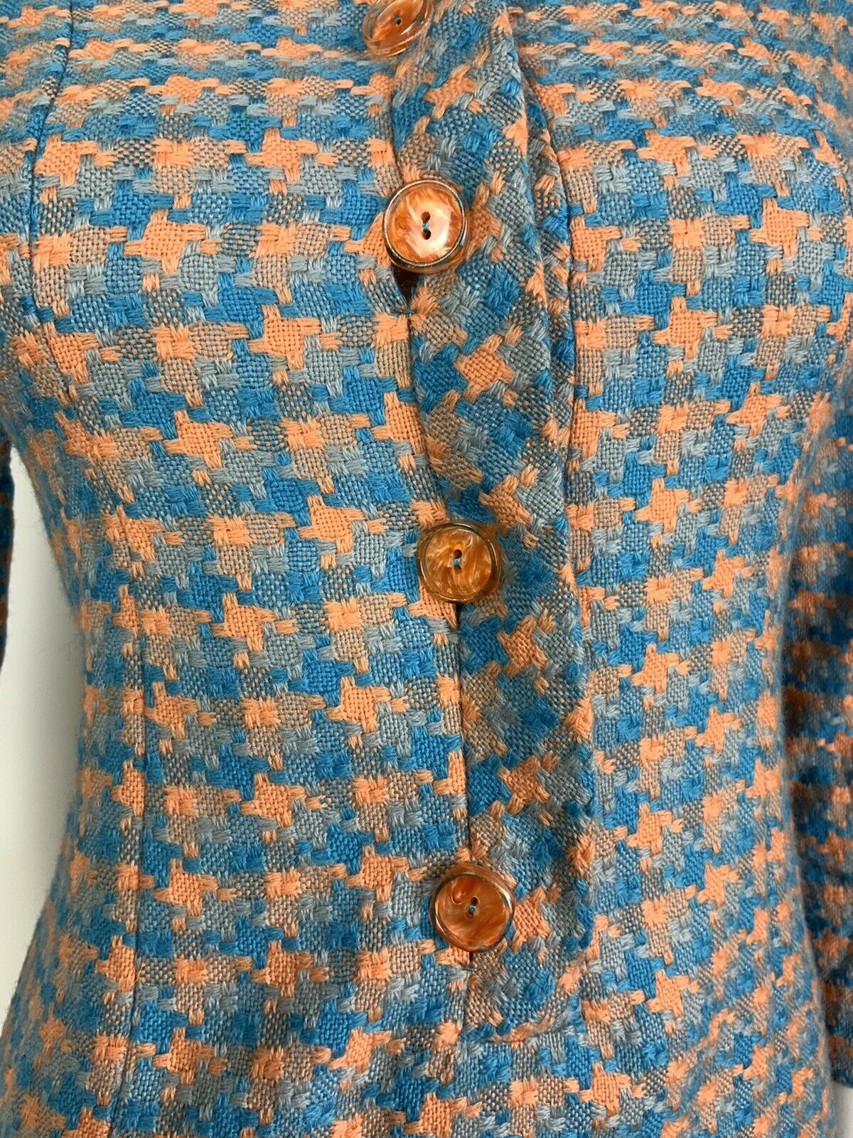 VINTAGE 60s 70s PASTEL ORANGE BLUE CHECKED HOUNDSTOOTH WOOL MOD SHIFT DRESS 8