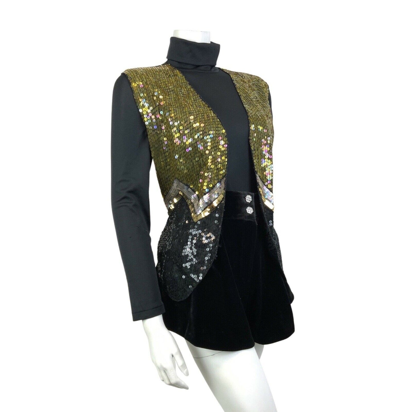 VINTAGE 70s 80s BLACK YELLOW GOLD SILVER ZIG-ZAG DISCO PARTY WAISTCOAT 16 18