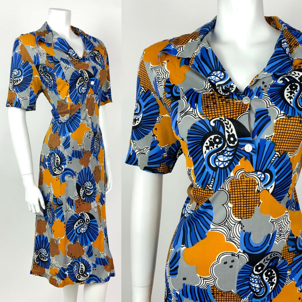 VINTAGE 60s 70s BLUE SILVER YELLOW PSYCHEDELIC FLORAL PAISLEY SHIRT DRESS 16 18