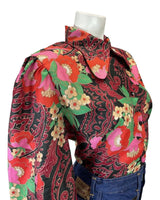 VINTAGE 60s 70s RED BLACK GREEN PSYCHEDELIC FLORAL BEAGLE COLLAR BLOUSE 16