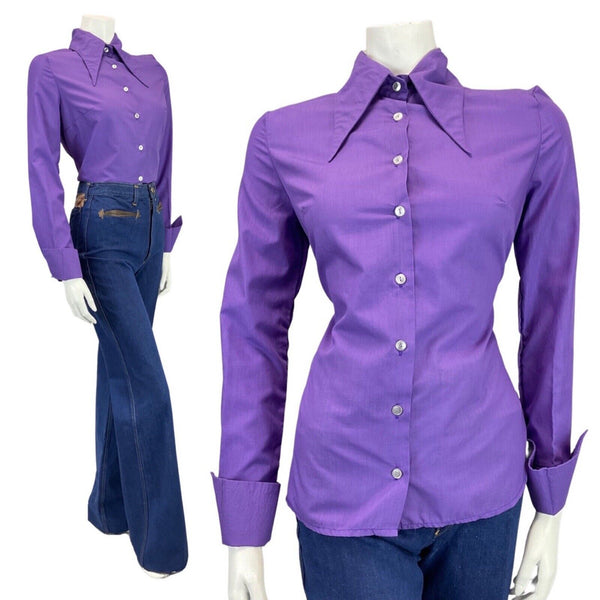 VINTAGE 60s 70s PURPLE DAGGER COLLAR MOD FRENCH CUFF FITTED SHIRT 12