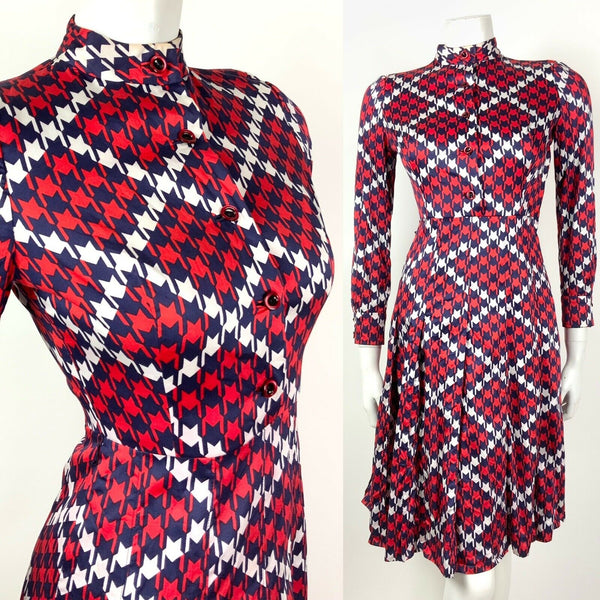 VINTAGE 60s 70s RED WHITE BLUE HOUNDSTOOTH CHECKERED MOD PLEATED DRESS 4