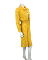 VTG MUSTARD YELLOW WHITE FLORAL PRINT TWO PIECE JACKET DRESS 60s 70s 10