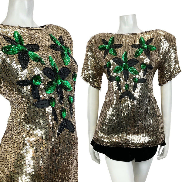 VINTAGE 70s 80s GOLD GREEN BLACK SEQUIN BEADED FLORAL STAR DISCO PARTY TOP 16
