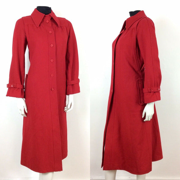 60s 70s VINTAGE PILLARBOX CHERRY RED WOOL WINTER DRESS MAXI DUSTER COAT 12 14