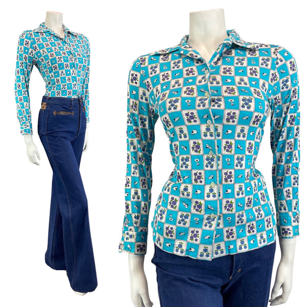 VINTAGE 60s 70s BLUE WHITE FLORAL GOLFING CHECKERBOARD FITTED BLOUSE SHIRT 8