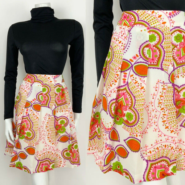 VTG 60s 70s WHITE NEON PINK PURPLE RED GREEN PSYCHEDELIC FLORAL PLEATED SKIRT 10