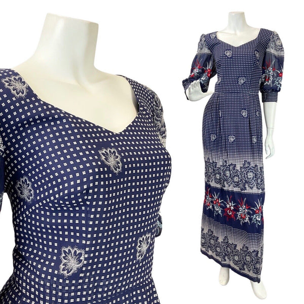 VINTAGE 60s 70s BLUE WHITE RED CHECKED FLORAL EMBROIDERED MAXI DRESS 14 16