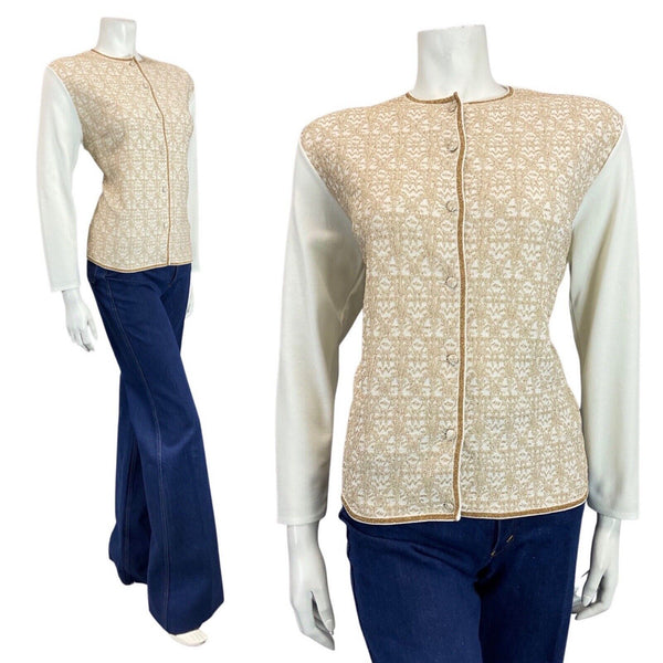 VINTAGE 60s 70s WHITE GOLD EMBROIDERED BUTTONED LUREX JACKET TOP 14 16