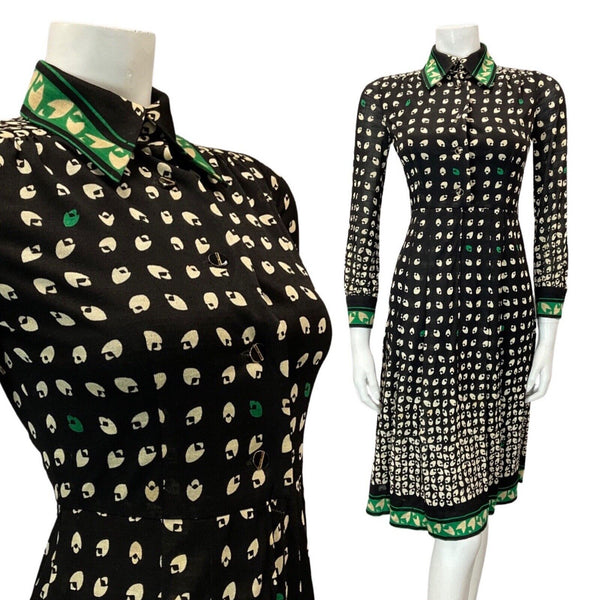 VINTAGE 60s 70s BLACK CREAM GREEN GEOMETRIC PATTERNED MOD DAGGER SHIRT DRESS 6
