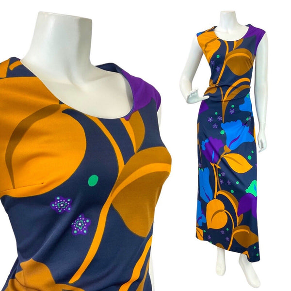 VTG 60s 70s BLUE YELLOW PURPLE FLORAL PSYCHEDELIC SLEEVELESS MAXI DRESS 14 16