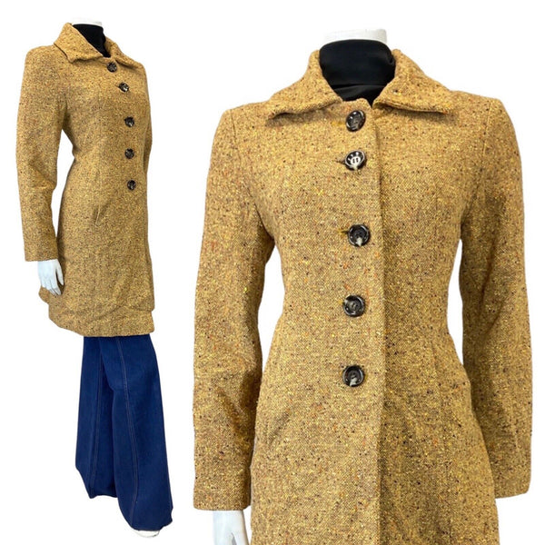 VINTAGE 60s 70s YELLOW BROWN BEIGE SPECKLED MOD MID-LENGTH WOOL COAT 12