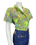 VINTAGE 60s 70s LIME GREEN PURPLE BLUE PSYCHEDELIC FLORAL MOD BLOUSE TOP 16 18