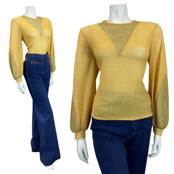 VINTAGE 60s 70s YELLOW GOLD MESH KNITTED LUREX JUMPER TOP 14
