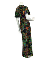 VTG 60s 70s BLACK RED GREEN BLUE FLORAL PSYCHEDELIC ANGEL SLEEVE MAXI DRESS 10