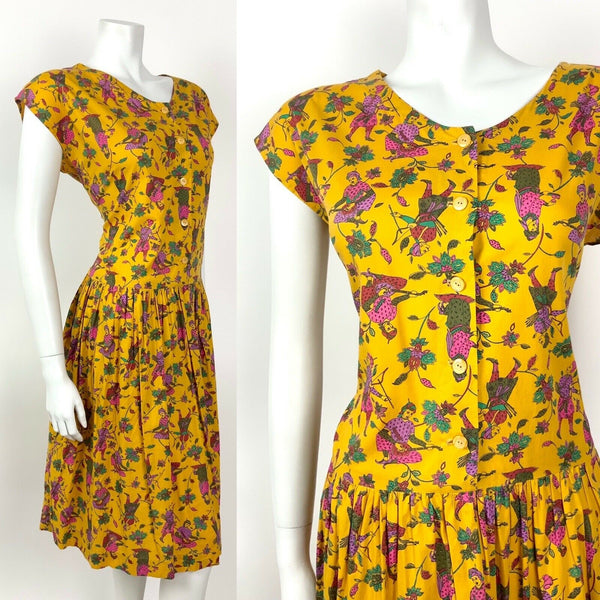 VTG 60s 70s YELLOW PINK GREEN FLORAL FIGURE ETHNIC PSYCH SUMMER DRESS 16 18