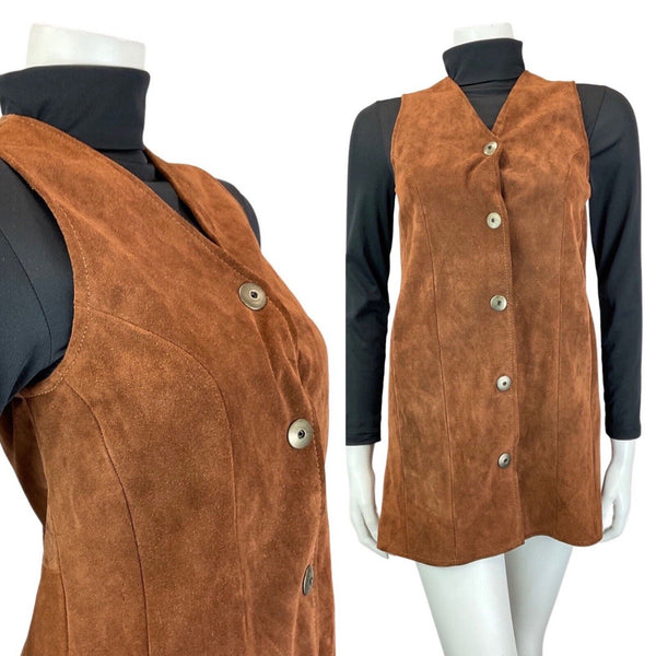 VINTAGE 60s 70s WARM BROWN SUEDE LEATHER BOHO SLEEVELESS PINFORE PINNY DRESS 4