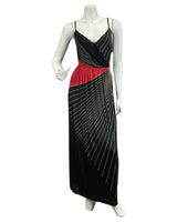 VINTAGE 60s 70s BLACK RED GOLD ABSTRACT PRINT DISCO BOHO FOLK  MAXI DRESS 10