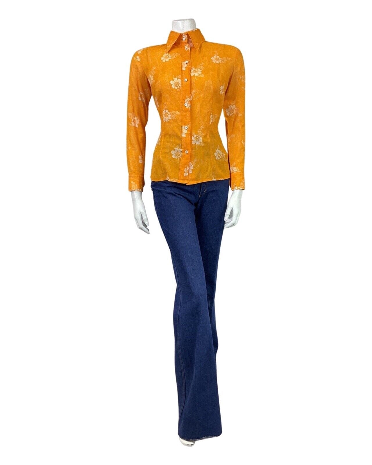 VINTAGE 60s 70s BRIGHT ORANGE WHITE FLORAL DOTTY MOD DAGGER COLLAR SHIRT 8 10