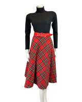 VINTAGE 60s 70s RED GREEN TARTAN CHECKED PVC BELTED MIDI SWING SKIRT 4