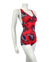 VINTAGE 60s 70s RED BLUE WHITE BIRD BOAT PSYCHEDELIC MOD SWIMSUIT BODYSUIT 8 10