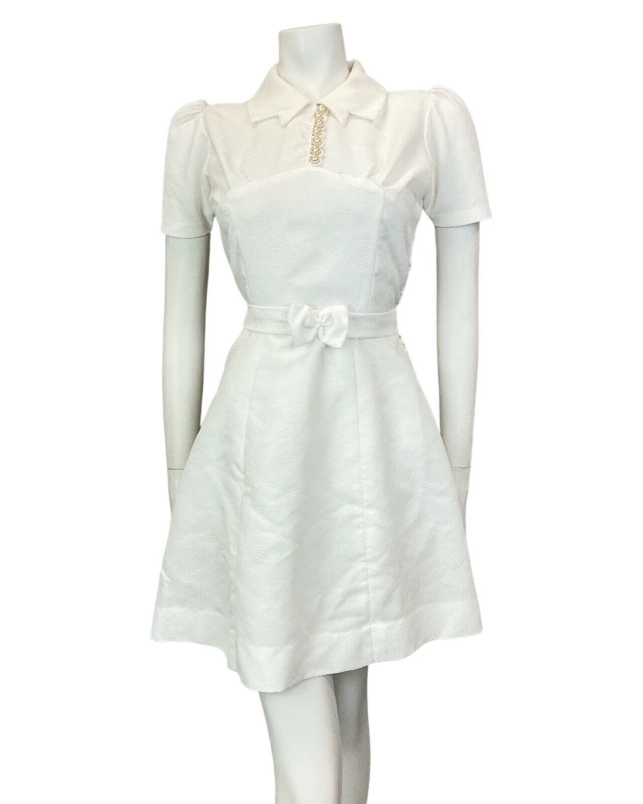 VINTAGE 60s 70s BRIGHT WHITE FLORAL BELTED MOD SHIRT SHORT DRESS 10